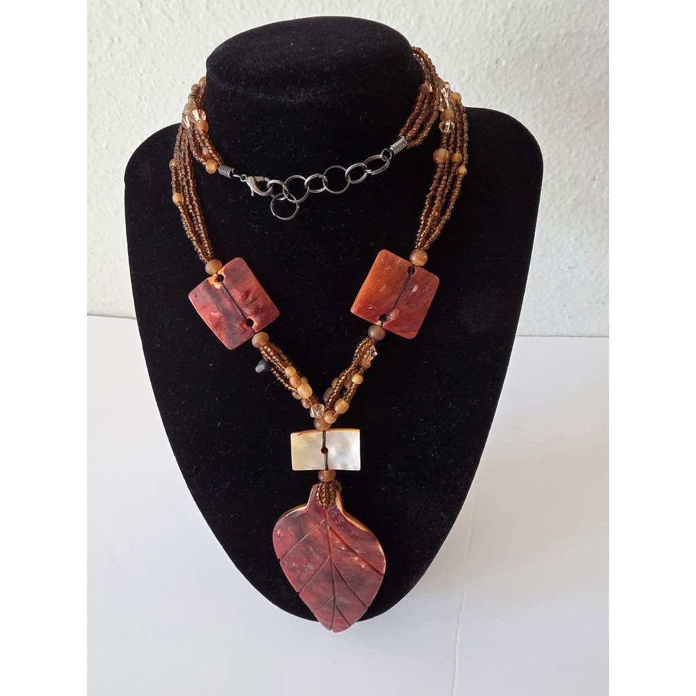 Boho Multi-Strand Beaded Necklace Carved Leaf Shell Pendant Brown Statement